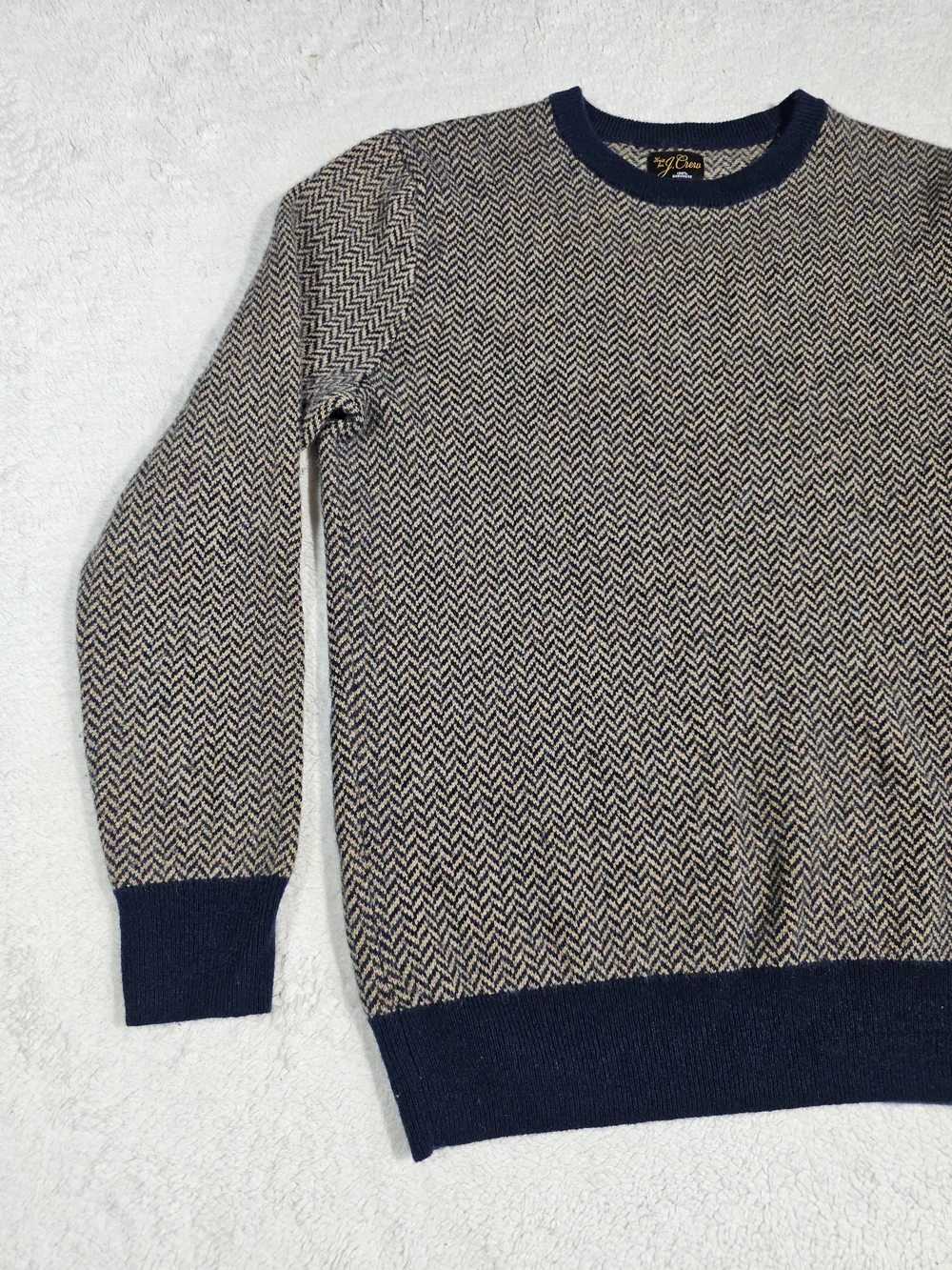 J Crew 100% Cashmere Herringbone Jacquard Crewneck Sweater in Tan & Blue Size S.